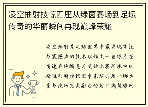 凌空抽射技惊四座从绿茵赛场到足坛传奇的华丽瞬间再现巅峰荣耀